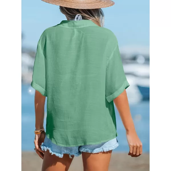 imageCUPSHE Womens Swimsuit Cover Up Half Sleeve Button Down Shirt Cover Ups Bikini Beach Tunic TopsLight Green