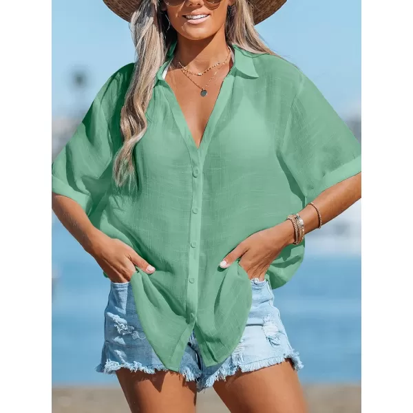 imageCUPSHE Womens Swimsuit Cover Up Half Sleeve Button Down Shirt Cover Ups Bikini Beach Tunic TopsLight Green