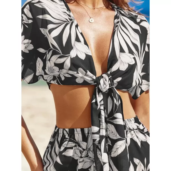 imageCUPSHE Womens Swimsuit Cover Up Tops Self Tie Kimono Dolman Sleeves Beach Wear Tropical 2024Black Tropical