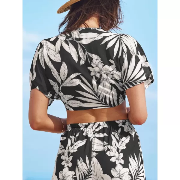 imageCUPSHE Womens Swimsuit Cover Up Tops Self Tie Kimono Dolman Sleeves Beach Wear Tropical 2024Black Tropical