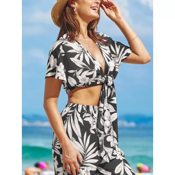 imageCUPSHE Womens Swimsuit Cover Up Tops Self Tie Kimono Dolman Sleeves Beach Wear Tropical 2024Black Tropical