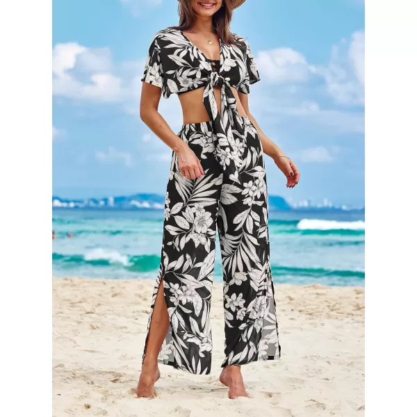 imageCUPSHE Womens Swimsuit Cover Up Tops Self Tie Kimono Dolman Sleeves Beach Wear Tropical 2024Black Tropical
