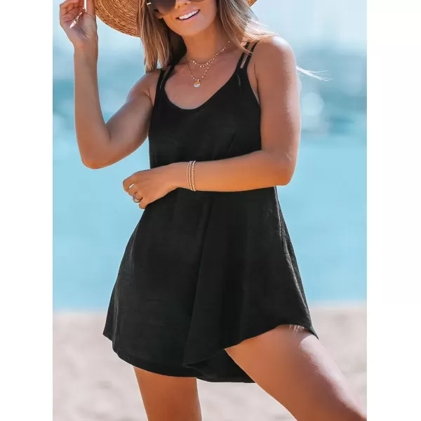 imageCUPSHE Womens Swimsuit Cover Ups Hollow Out Sleeveless Coverup Criss Cross Back Beachwear Spaghetti Strap Summer Dress 2024Black