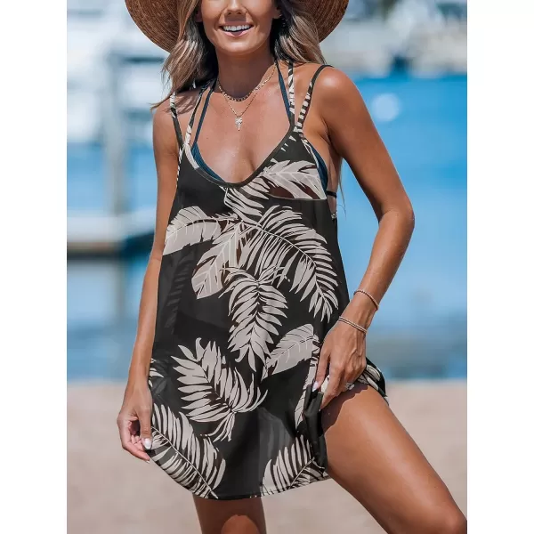 imageCUPSHE Womens Swimsuit Cover Ups Hollow Out Sleeveless Coverup Criss Cross Back Beachwear Spaghetti Strap Summer Dress 2024Black Tropical