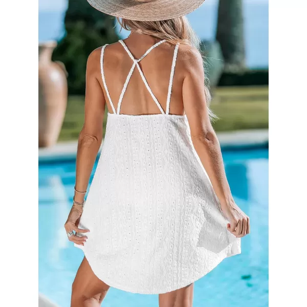 imageCUPSHE Womens Swimsuit Cover Ups Hollow Out Sleeveless Coverup Criss Cross Back Beachwear Spaghetti Strap Summer Dress 2024White Textured Floral