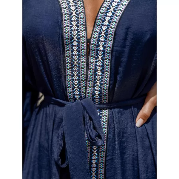 imageCUPSHE Womens Swimsuit Cover Ups Open Front Tassel Trim Bikini Kimonos Cardigan Belted Long BeachwearBlue