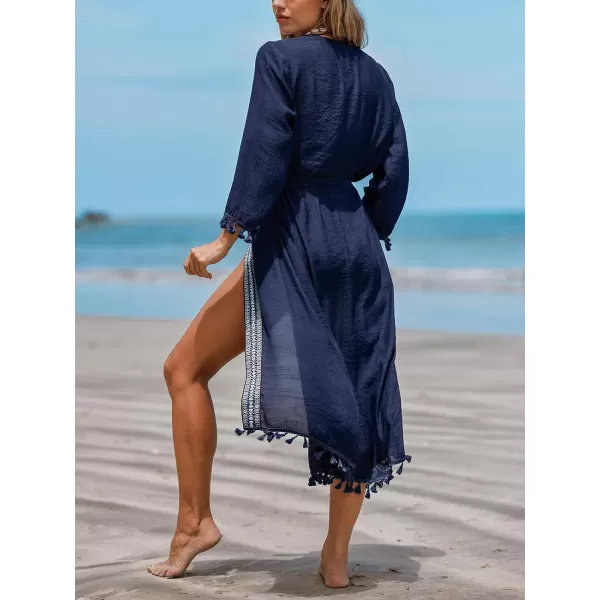 imageCUPSHE Womens Swimsuit Cover Ups Open Front Tassel Trim Bikini Kimonos Cardigan Belted Long BeachwearBlue
