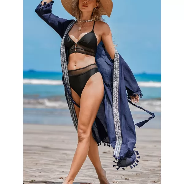 imageCUPSHE Womens Swimsuit Cover Ups Open Front Tassel Trim Bikini Kimonos Cardigan Belted Long BeachwearBlue