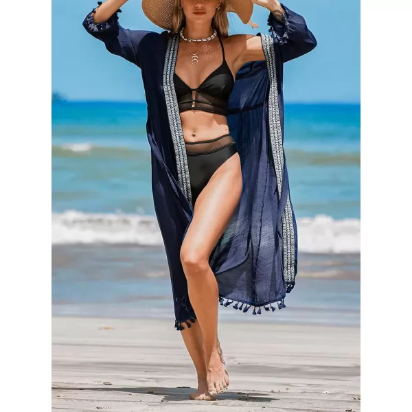 imageCUPSHE Womens Swimsuit Cover Ups Open Front Tassel Trim Bikini Kimonos Cardigan Belted Long BeachwearBlue
