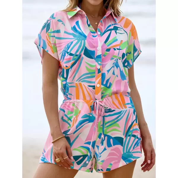 imageCUPSHE Womens Swimsuit Cover Ups Short Sleeve Coverup Front Button Beachwear Summer CoverPink Floral