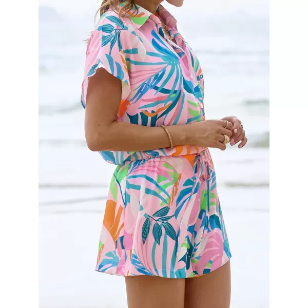 imageCUPSHE Womens Swimsuit Cover Ups Short Sleeve Coverup Front Button Beachwear Summer CoverPink Floral