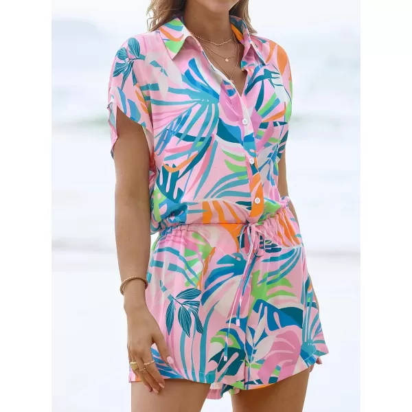 imageCUPSHE Womens Swimsuit Cover Ups Short Sleeve Coverup Front Button Beachwear Summer CoverPink Floral