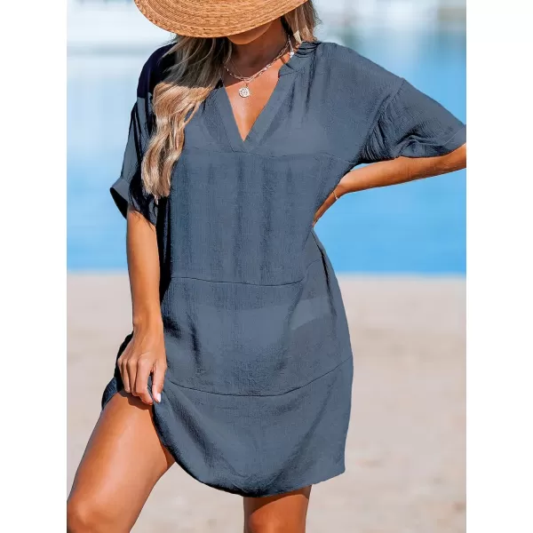 imageCUPSHE Womens Swimsuit Coverup Casual Beach Dress Short Sleeve V Neck Swim Cover Ups with PocketsBlue