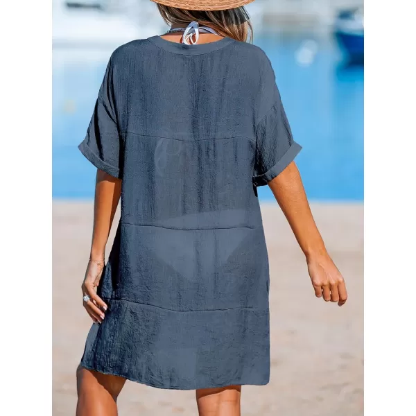 imageCUPSHE Womens Swimsuit Coverup Casual Beach Dress Short Sleeve V Neck Swim Cover Ups with PocketsBlue