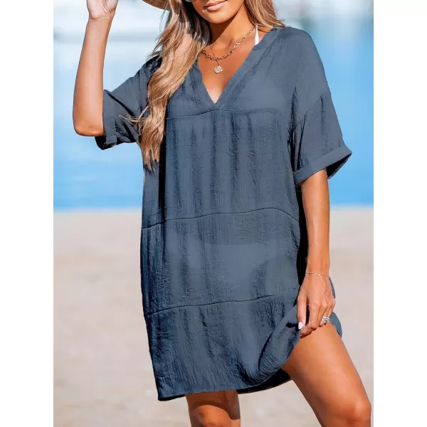 imageCUPSHE Womens Swimsuit Coverup Casual Beach Dress Short Sleeve V Neck Swim Cover Ups with PocketsBlue