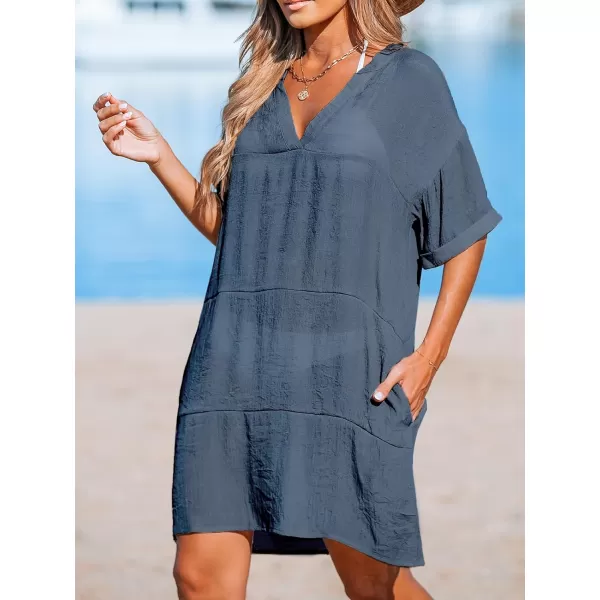 imageCUPSHE Womens Swimsuit Coverup Casual Beach Dress Short Sleeve V Neck Swim Cover Ups with PocketsBlue