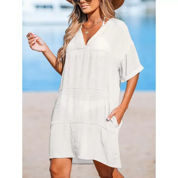 imageCUPSHE Womens Swimsuit Coverup Casual Beach Dress Short Sleeve V Neck Swim Cover Ups with PocketsWhite