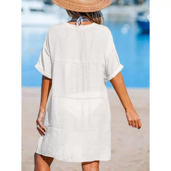 imageCUPSHE Womens Swimsuit Coverup Casual Beach Dress Short Sleeve V Neck Swim Cover Ups with PocketsWhite
