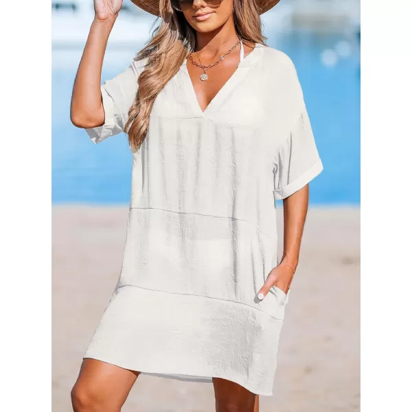 imageCUPSHE Womens Swimsuit Coverup Casual Beach Dress Short Sleeve V Neck Swim Cover Ups with PocketsWhite