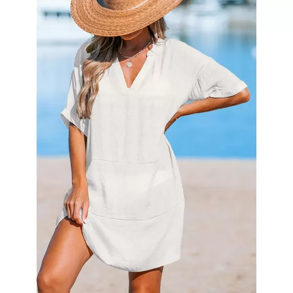 imageCUPSHE Womens Swimsuit Coverup Casual Beach Dress Short Sleeve V Neck Swim Cover Ups with PocketsWhite