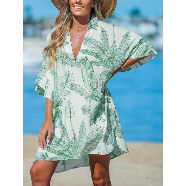 imageCUPSHE Womens Swimsuit Coverup Casual Loose Beach Collared VNeck Shirt Dress with PocketsGreen Leaf