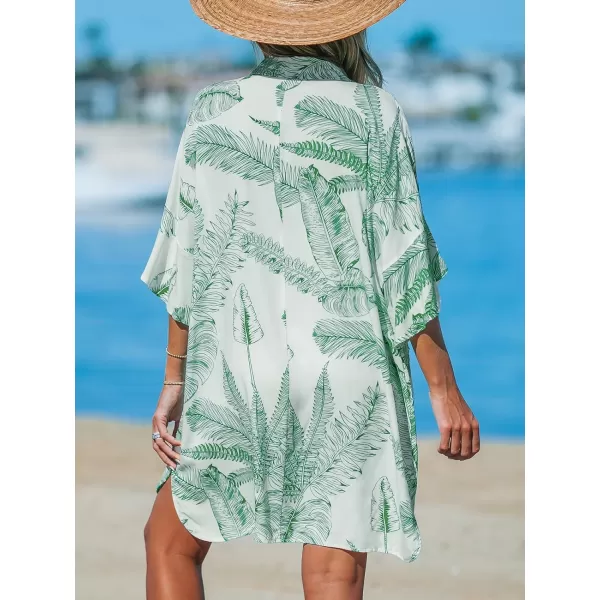 imageCUPSHE Womens Swimsuit Coverup Casual Loose Beach Collared VNeck Shirt Dress with PocketsGreen Leaf