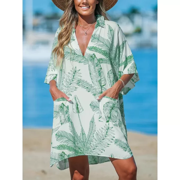 imageCUPSHE Womens Swimsuit Coverup Casual Loose Beach Collared VNeck Shirt Dress with PocketsGreen Leaf