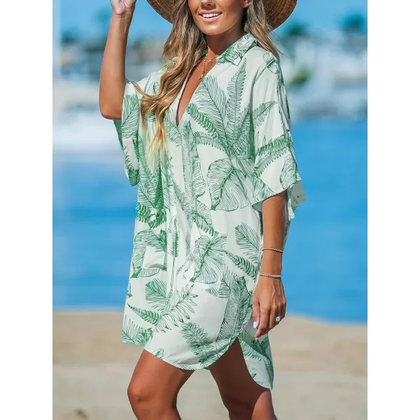 imageCUPSHE Womens Swimsuit Coverup Casual Loose Beach Collared VNeck Shirt Dress with PocketsGreen Leaf