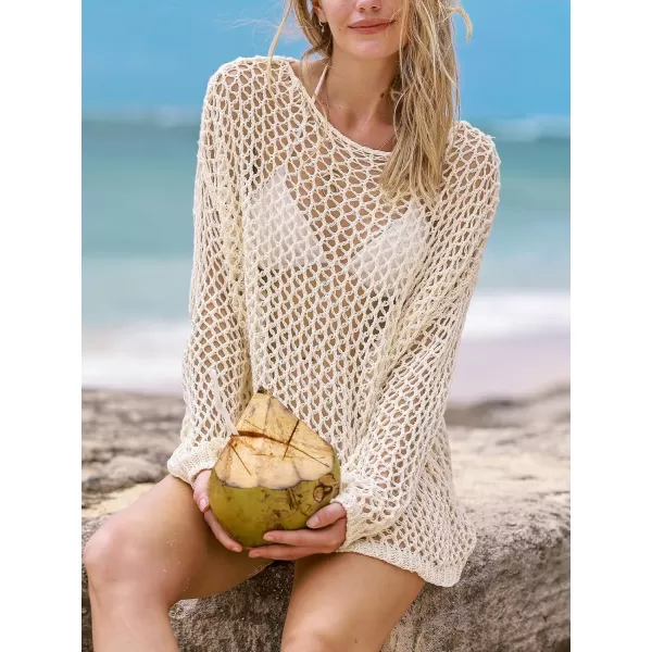 imageCUPSHE Womens Swimsuit Coverup Crochet Cutout Bathing Suit Cover Ups 2024 Long Sleeve Loose Beach TopsOffwhite