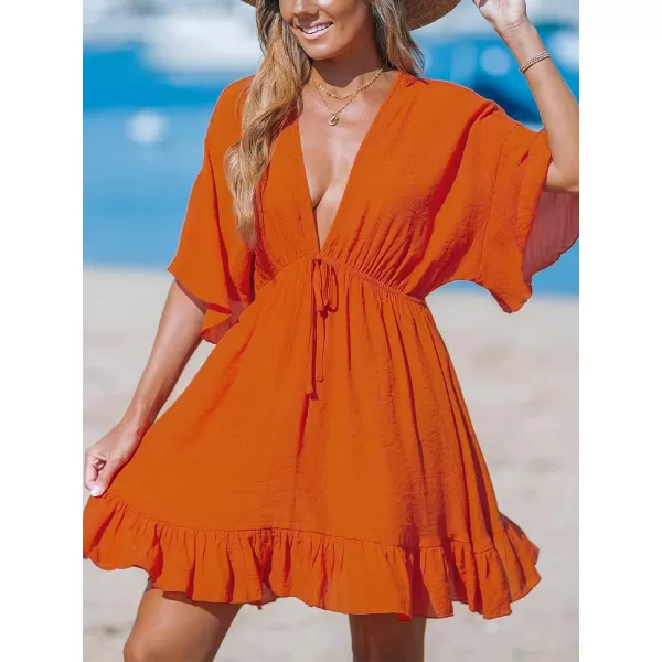imageCUPSHE Womens Swimsuit Coverup Deep V Neck Ruffle Bathing Suit Beach Dress Tie Waist Bikini Cover UpOrange