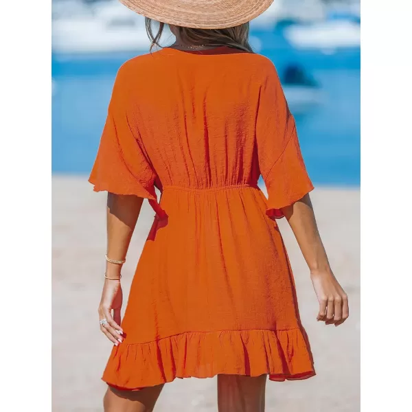 imageCUPSHE Womens Swimsuit Coverup Deep V Neck Ruffle Bathing Suit Beach Dress Tie Waist Bikini Cover UpOrange