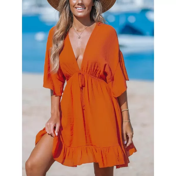 imageCUPSHE Womens Swimsuit Coverup Deep V Neck Ruffle Bathing Suit Beach Dress Tie Waist Bikini Cover UpOrange