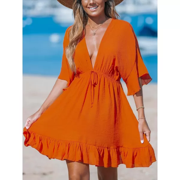 imageCUPSHE Womens Swimsuit Coverup Deep V Neck Ruffle Bathing Suit Beach Dress Tie Waist Bikini Cover UpOrange