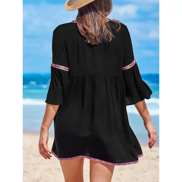 imageCUPSHE Womens Swimsuit Coverup Dress Casual V Neck Flared Sleeve Bathing Suit Beach Mini DressBlack