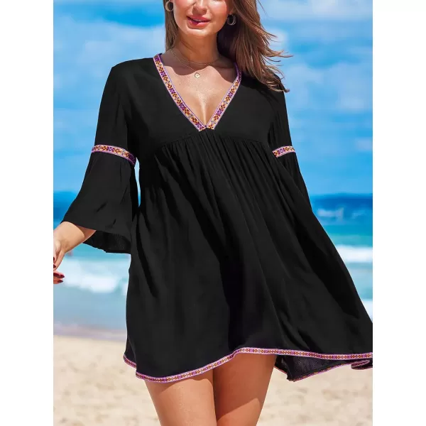 imageCUPSHE Womens Swimsuit Coverup Dress Casual V Neck Flared Sleeve Bathing Suit Beach Mini DressBlack