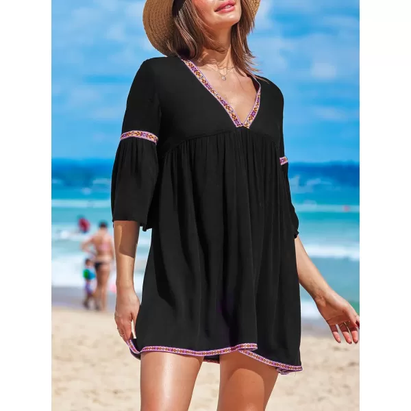 imageCUPSHE Womens Swimsuit Coverup Dress Casual V Neck Flared Sleeve Bathing Suit Beach Mini DressBlack