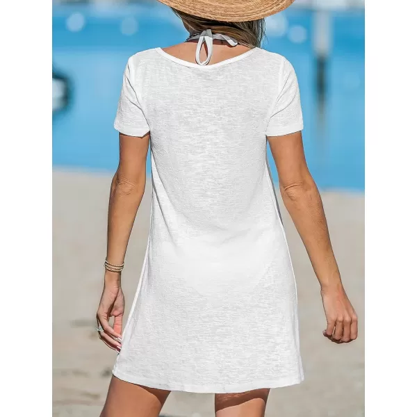 imageCUPSHE Womens Swimsuit Coverup Short Sleeve Beach Cover Ups Twisted Basic TShirt DressWhite