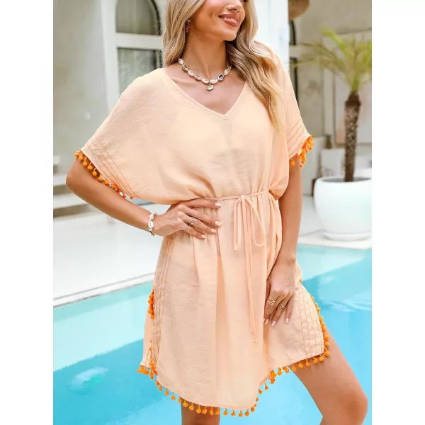 imageCUPSHE Womens Swimsuit Coverup Short Sleeve Beach Pom Pom Dress V Neck Bikini Beachwear 2024Orange