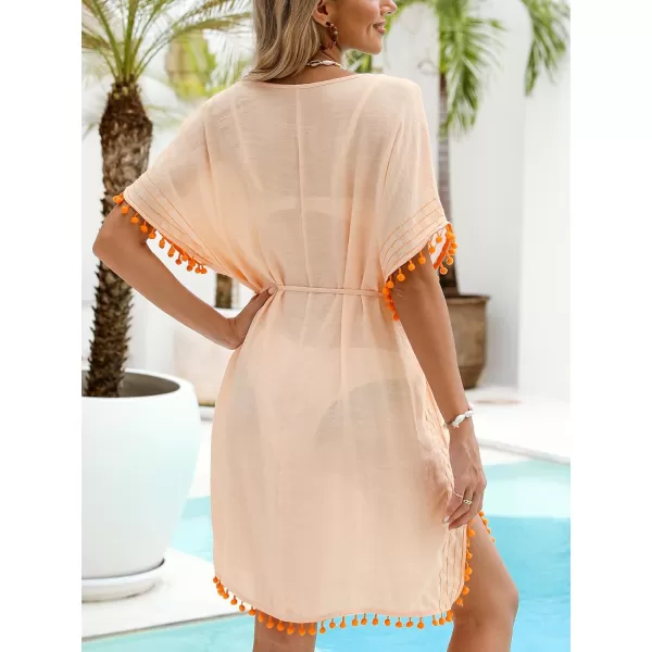 imageCUPSHE Womens Swimsuit Coverup Short Sleeve Beach Pom Pom Dress V Neck Bikini Beachwear 2024Orange