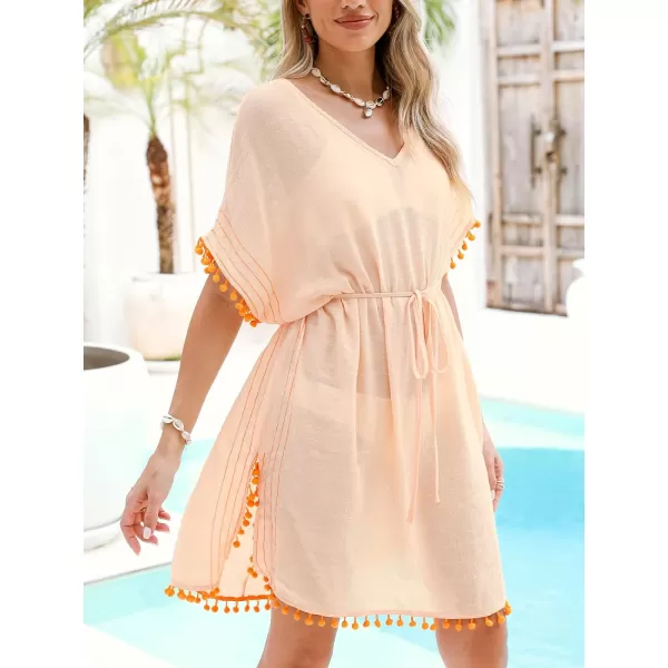 imageCUPSHE Womens Swimsuit Coverup Short Sleeve Beach Pom Pom Dress V Neck Bikini Beachwear 2024Orange