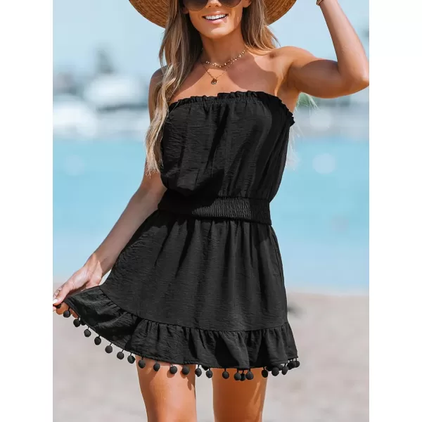 imageCUPSHE Womens Swimsuit Coverup Strapless Tube Dress Smocked Pom Pom Casual Beach SundressBlack