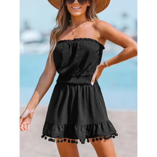 imageCUPSHE Womens Swimsuit Coverup Strapless Tube Dress Smocked Pom Pom Casual Beach SundressBlack