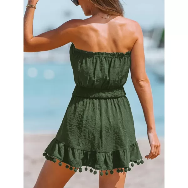 imageCUPSHE Womens Swimsuit Coverup Strapless Tube Dress Smocked Pom Pom Casual Beach SundressGreen
