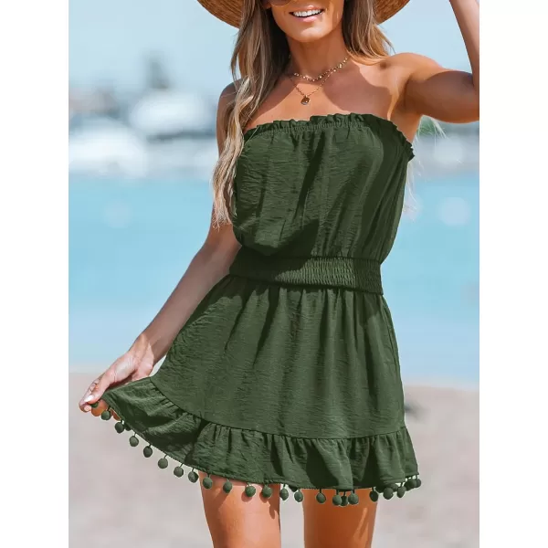 imageCUPSHE Womens Swimsuit Coverup Strapless Tube Dress Smocked Pom Pom Casual Beach SundressGreen