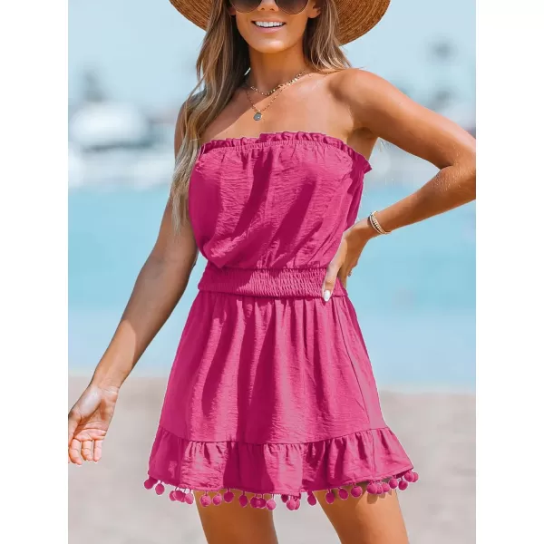 imageCUPSHE Womens Swimsuit Coverup Strapless Tube Dress Smocked Pom Pom Casual Beach SundressRose Red