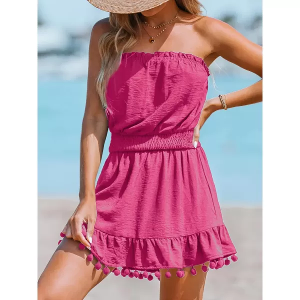 imageCUPSHE Womens Swimsuit Coverup Strapless Tube Dress Smocked Pom Pom Casual Beach SundressRose Red