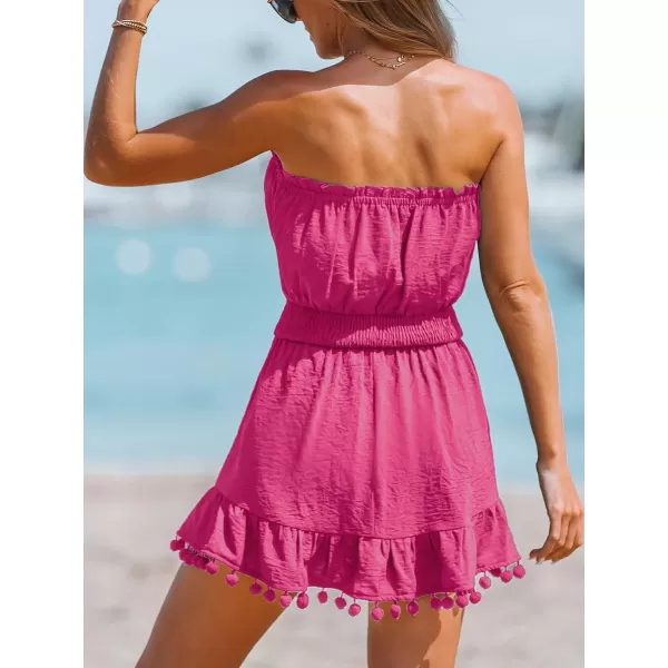 imageCUPSHE Womens Swimsuit Coverup Strapless Tube Dress Smocked Pom Pom Casual Beach SundressRose Red