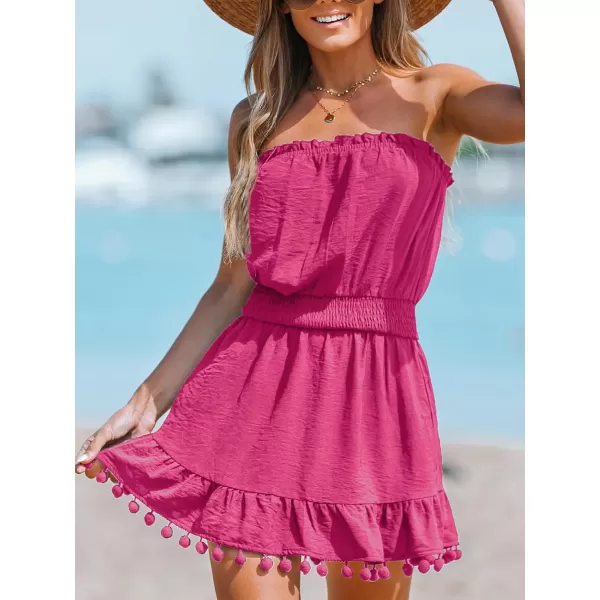 imageCUPSHE Womens Swimsuit Coverup Strapless Tube Dress Smocked Pom Pom Casual Beach SundressRose Red