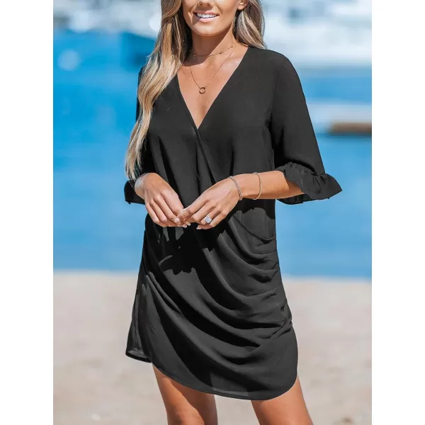 imageCUPSHE Womens Swimsuit Coverup Wrap Beach Cover Ups Casual V Neck Ruffle Sleeve Mini DressesBlack