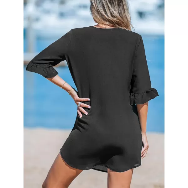 imageCUPSHE Womens Swimsuit Coverup Wrap Beach Cover Ups Casual V Neck Ruffle Sleeve Mini DressesBlack